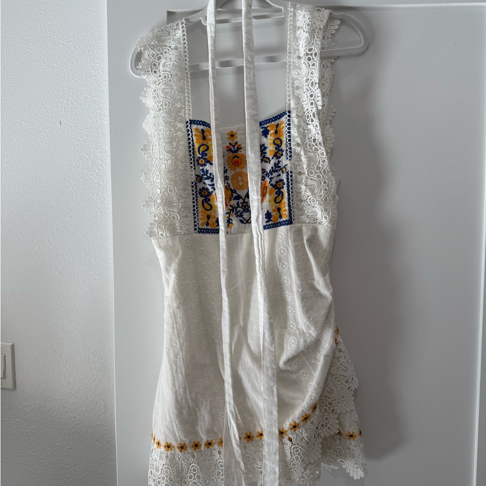 White Lace Mini Dress with Yellow & Blue Embroidery